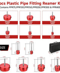Six Piece PVC Pipe Reamer Kit For Half Inch Drills, showing six red reamers with hex shafts and case, sizes PPR75 to PPR400.