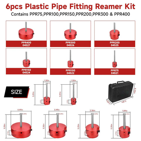 Six Piece PVC Pipe Reamer Kit For Half Inch Drills, showing six red reamers with hex shafts and case, sizes PPR75 to PPR400.
