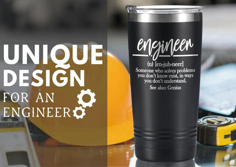 Engineer Gift Coffee Mug For Curious Minds, 20oz Stainless Steel Travel Tumbler With Spill Proof Lid, Black Definition Mug For Engineers.