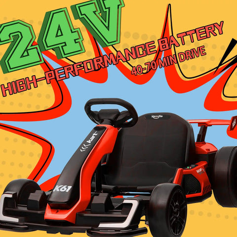K61 Electric Go Kart For Kids 6-12, Adjustable Seat, 24V Ride On Toy, Red Kart with 300W Motor and Bluetooth Audio