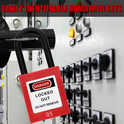 Red plastic lockout padlock labeled 'Locked Out' with black shackle in use on control panel, part of 10 Pack Lockout Tagout Padlocks For Stations And Devices, Keyed Differently, Red Plastic Unibody Locks With Two Keys Per Lock, Safe And Easy To Use Safety Locks