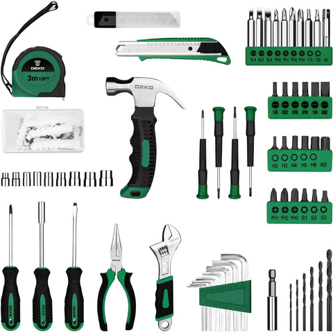 Sweet Green 8V Cordless Drill Tool Kit With Rugged Storage Case 126 Piece Heavy Duty Hand Tools For Diy Home Repairs Compact Electric Screwdriver Power Wrench Setup includes assorted hand tools and accessories.