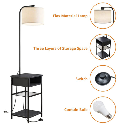 Space Saving Floor Lamp With Built In End Table And Storage Shelves, Linen Shade, Upgraded Long Cord, Easy Foot Switch, Cool End Table Lamp For Bedroom Or Living Room, Black Modern Lighting with flax material lamp shade and three shelves.