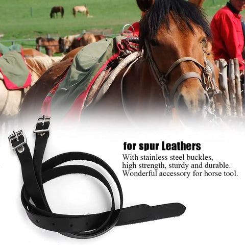 Double Layer Leather Spur Straps With Stainless Steel Buckle For Equestrian Riding Accessories 50cm Black on horse background