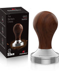53mm Espresso Tamper With Walnut Handle, Weighted Coffee Tamper for Barista-Grade Espresso next to packaging box