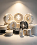 Various spools of PLA, PETL, and ABS filament in a well-lit studio setting.