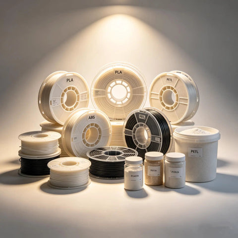 Various spools of PLA, PETL, and ABS filament in a well-lit studio setting.