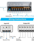 Wiring instructions for 12V 50A 600W DC Switching Power Supply Adapter with labeled input-output connections.