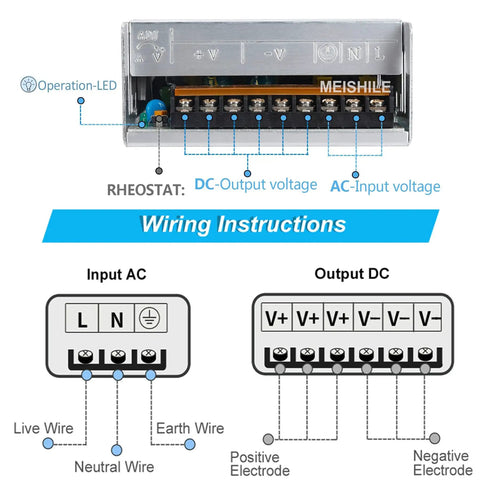 Wiring instructions for 12V 50A 600W DC Switching Power Supply Adapter with labeled input-output connections.