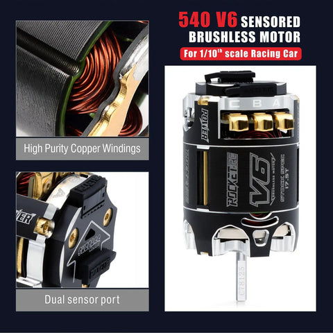 540 V6 Sensored Brushless RC Motor 21.5T For 1 By 10 Scale RC Racing Cars, showing copper windings and sensor port