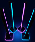 Add A 422mm Smart Lighting Tower With 46 Custom LEDs To Level Up Your RGB Setup And Flood Your PC Desk With Immersive Diffused Color Lighting For Gaming Rigs And Workstations, showing four towers emitting blue and purple light.