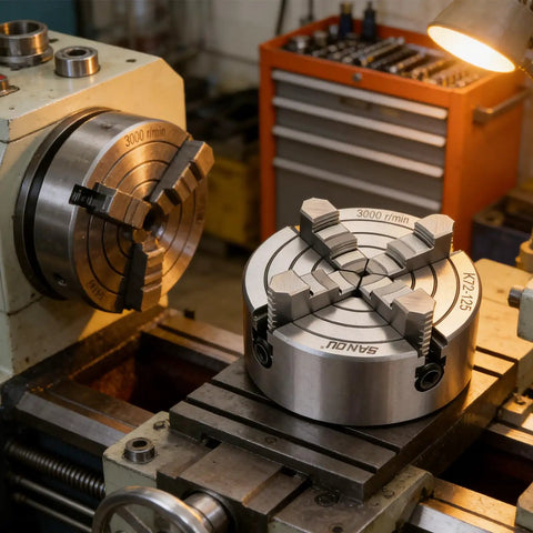 K72 125mm Four Jaw Independent Lathe Chuck Fixture With Single Movement Fast Setup Built Tough For Home Projects And Factory Machining On Metal Lathes Wide Compatibility And Secure Workholding. 125mm steel chuck on lathe