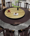 Big 40 Inch Wooden Lazy Susan Turntable For Dining Table 360 Degree Revolving Plate With Base, shown on dining table.
