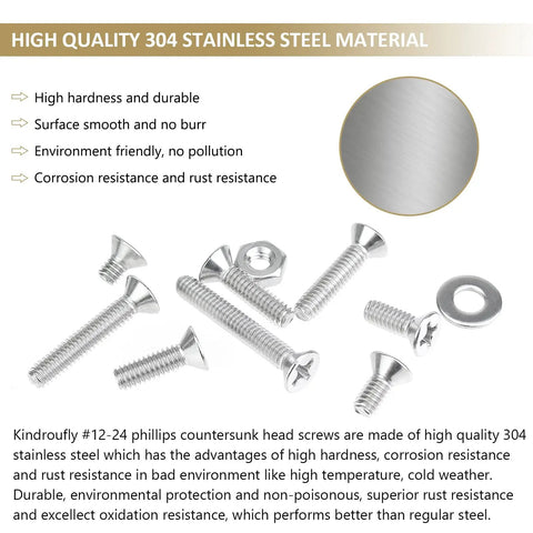 High quality 304 stainless steel #12-24 Phillips countersunk head screws and hex nuts in assortment layout.