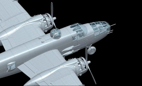 1/48 US Military B-25J Mitchell Glassnose Plastic Model Kit With 249+ Parts flying view showing etched details.