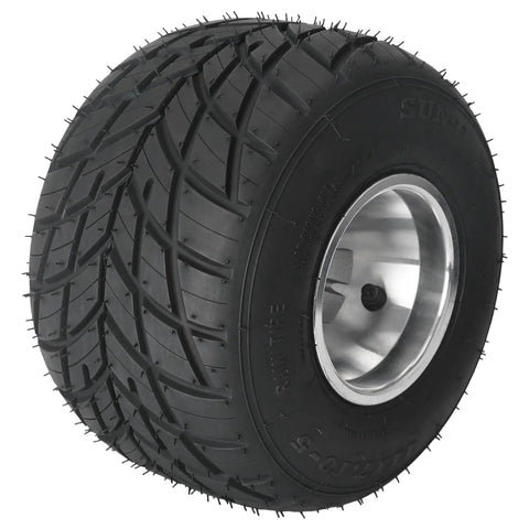 Close-up of tire from Beefed Up Rear Live Axle Kit With 5 Inch Wheel Assembly, 428 Sprocket Hub And Brake Caliper For Racing Go Karts.