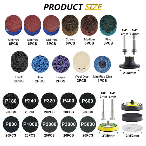 245 Piece 2 Inch Wet And Dry Sanding Discs Kit components on display showing various grits, shank sizes, and pad holders.