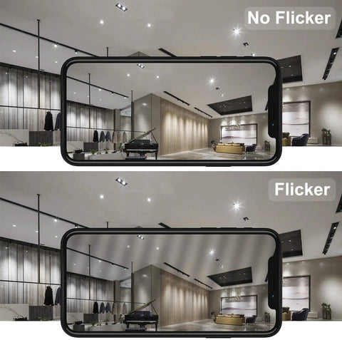 Comparison of room lighting with GU10 LED Light Bulb 5000K Daylight White, 70W Halogen Equivalent versus flickering bulb.
