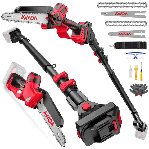 2-In-1 Cordless Pole Saw And Chainsaw, 8-Inch And 6-Inch Heads, 18V M18 Compatible, 1200W Brushless Motor shown with accessories