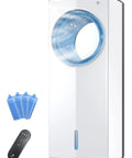 Windowless Portable Air Conditioner For Any Room, 26.1-Inch Evaporative Cooler No Window Needed, remote and ice packs shown.