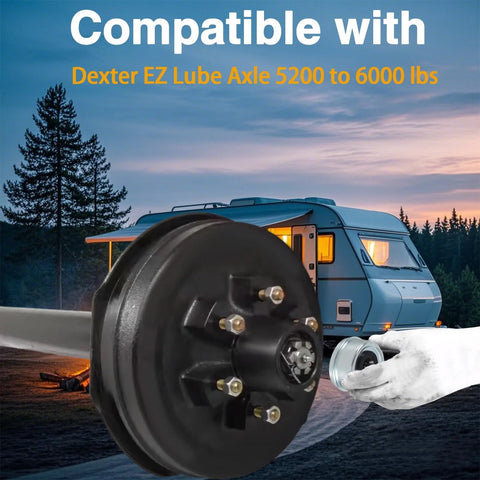 Close-up of KPALAG trailer wheel hub cups and grease covers, black metal dust caps, 2.44 inch, 4 pcs