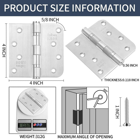 Front view of XinSheng 4x4 inch 316 stainless steel door hinge, 3-pack, marine-grade heavy-duty.
