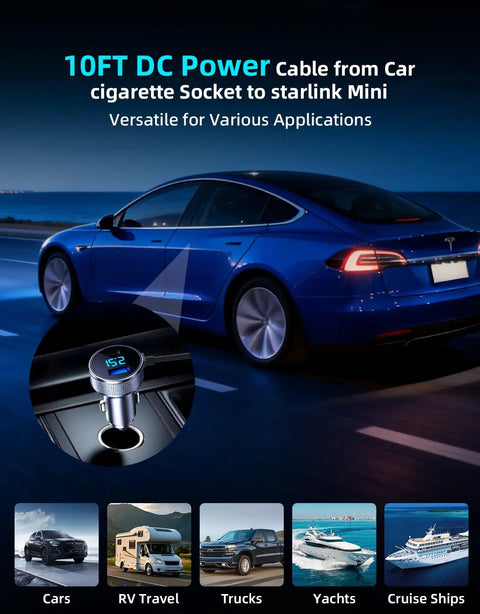 Solid Starlink Mini Car Adapter With A Tough Ten Foot Power Cable And Fast Charge USB Ports in a vehicle's console.
