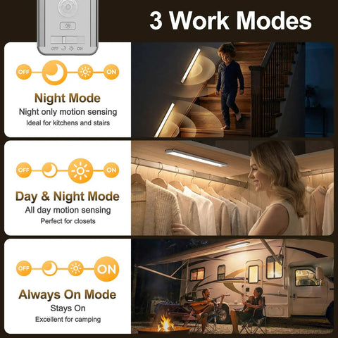 Wireless 126 LED Under Cabinet Lights With Motion Sensor Rechargeable 2500mAh Dimmable Magnetic Light Bar 3 Color Temperatures Ideal For Kitchen Pantry Stairs Dual Pack shown in various usage scenarios.