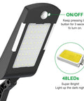 All-In-One Outdoor Solar Motion Flood Lights With 48 LEDs showing button and LED close-up, super bright security lighting