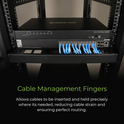 1U 19 Inch Horizontal Cable Management Duct With Removable Cover installed in server rack with organized blue cables
