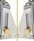 Close-up view of the Pro Grade All Metal Pocket Hole Jig Kit with adjustable scale and golden knobs for woodworking precision.