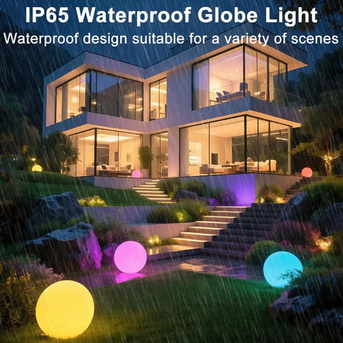 Cordless 16 Inch LED Glowing Ball Light With Remote RGB Color Changing Waterproof Glow Ball illuminating a rainy garden