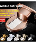 Gold Invisible Magnetic Door Stopper With Wall Or Floor Mount Catch Keeps Bedroom Or Indoor Doors Locked In Place At Set Angle For Hidden Sleek Installation And Smashing Home Vibe, showing zinc alloy design.