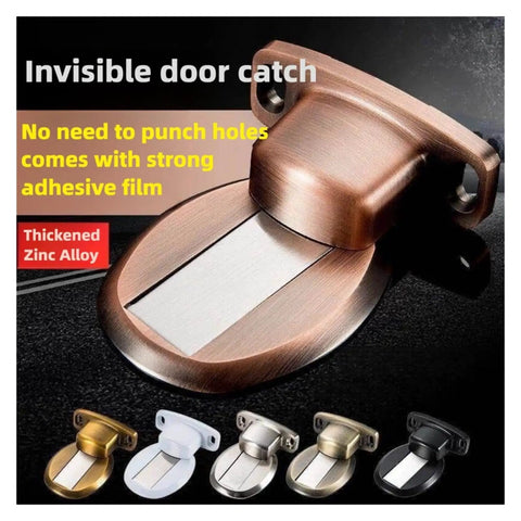 Gold Invisible Magnetic Door Stopper With Wall Or Floor Mount Catch Keeps Bedroom Or Indoor Doors Locked In Place At Set Angle For Hidden Sleek Installation And Smashing Home Vibe, showing zinc alloy design.