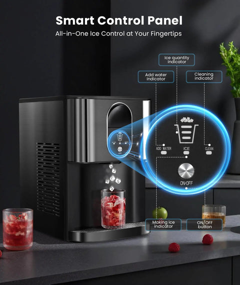 Countertop Nugget Ice Maker With Dispenser For Home Kitchen Bar Office Delivers 44 Lbs Per Day Of Chewable Nugget Ice Self Cleaning Removable Two Point Four Liter Water Tank One Click Operation Black with smart control panel and glass of ice.