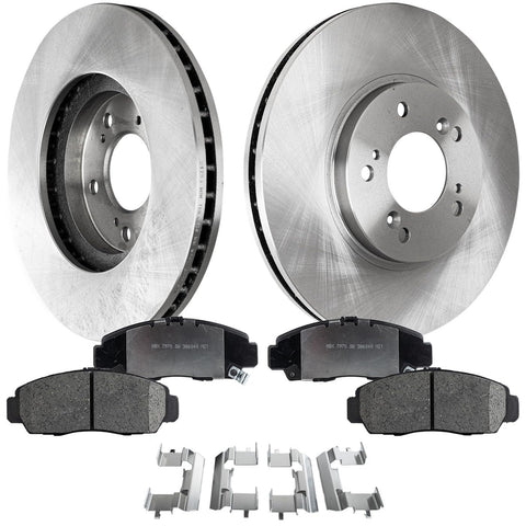 Front view of brake disc and pad kit for Acura RL (1999-2004); cast iron rotors with brake pads and hardware.