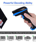 Hand holding 2.4G Wireless 1D Barcode Scanner for Retail and Warehouse, Ultra-Fast Cordless Reader With 300 Scans Per Second