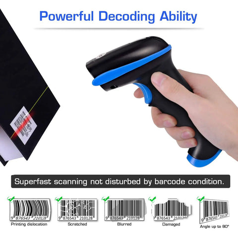 Hand holding 2.4G Wireless 1D Barcode Scanner for Retail and Warehouse, Ultra-Fast Cordless Reader With 300 Scans Per Second