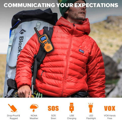 Hiker carrying backpack using Long Range Rechargeable Walkie Talkies For Adults And Kids 4 Pack With SOS Siren NOAA Weather Alerts.