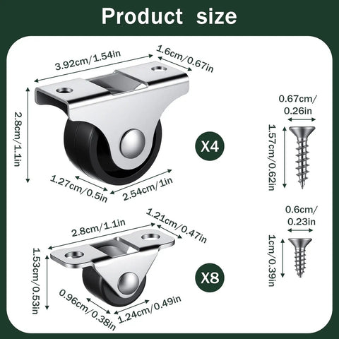 Diagram showing dimensions of 12 Piece Small Caster Wheel Set with Low Profile Soft Rubber Fixed Casters for Furniture and DIY Projects.