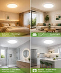 Image showing six pack 12 inch LED flush mount ceiling lights no fuss 24W 3200 lumens replaces up to 240W 5 color temps adjustable from 3000K to 6500K round bright light fixture for bedroom kitchen bathroom hallway closet white in various home settings.