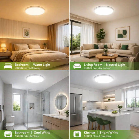 Image showing six pack 12 inch LED flush mount ceiling lights no fuss 24W 3200 lumens replaces up to 240W 5 color temps adjustable from 3000K to 6500K round bright light fixture for bedroom kitchen bathroom hallway closet white in various home settings.