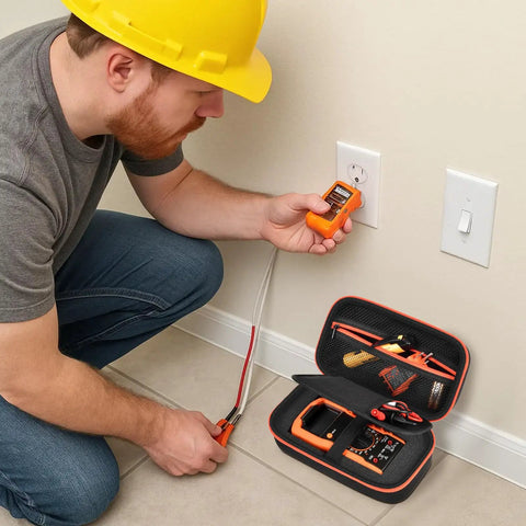 Electrician using Universal Multimeter Case Gear For Electrical Tools Keeps Pro Grade MM300 MM325 And Similar Models