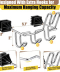 Hard Hat Holder And Gear Organizer For Truck Or Car With Three Lower Hooks For Jackets Tool Bags Headphones And Totes Patent Pending Silver Finish Durable Steel Mount. Visible are two secure clips and smooth metal finish.