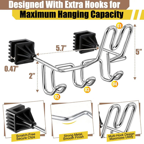 Hard Hat Holder And Gear Organizer For Truck Or Car With Three Lower Hooks For Jackets Tool Bags Headphones And Totes Patent Pending Silver Finish Durable Steel Mount. Visible are two secure clips and smooth metal finish.