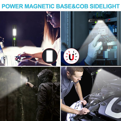 Beast Bright LED Flashlight with Magnetic Tail used for work, hiking, and car repair with COB sidelight and zoomable beam.