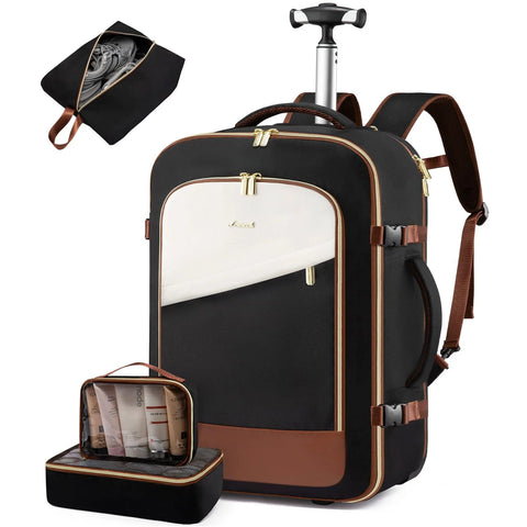 Rolling Travel Backpack With Wheels And 4 Piece Set, 17 Inch 57L Carry On Luggage For Women And Men, Water Resistant, Flight Approved Underseat 