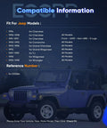 Compatibility chart for Jeep models with front wheel hub bearing assembly for 1989-1999 and image of blue Jeep.