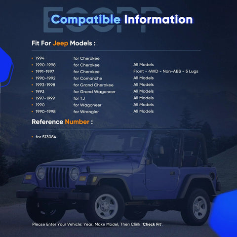 Compatibility chart for Jeep models with front wheel hub bearing assembly for 1989-1999 and image of blue Jeep.