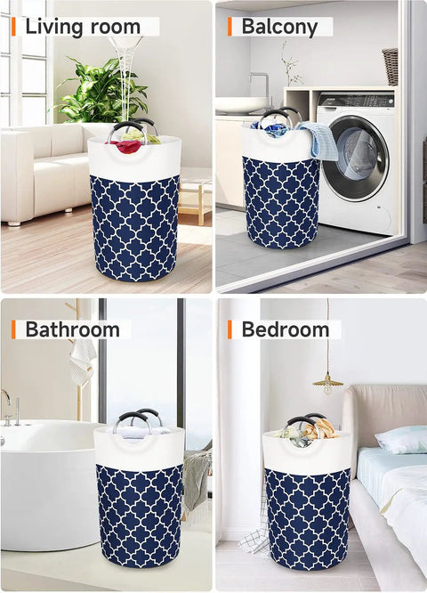 Large Collapsible Laundry Basket With Tall Aluminum Soft Grip Handles Waterproof Hamper 75L Capacity For Travel And College Dorms The Ultimate Laundry Storage For Bathroom And Family Blue shown in living room, balcony, bathroom, and bedroom settings, 75L capacity, durable blue fabric with white pattern.